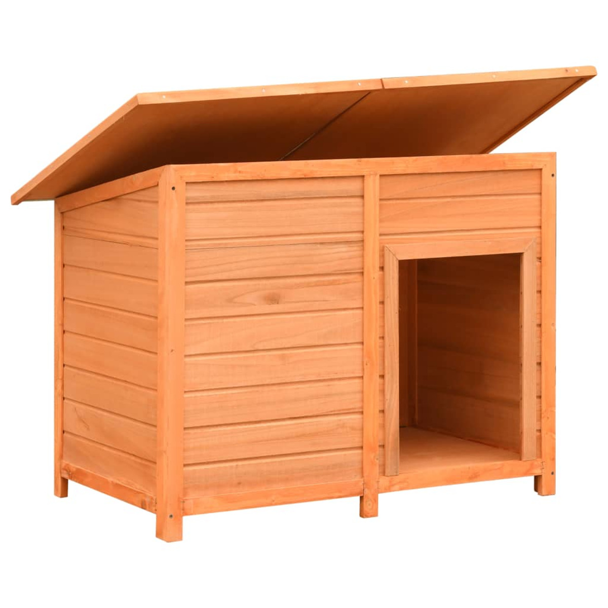 Hundehaus aus Holz mit offenem Dach. Orangefarben. Kleine Tür auf der Vorderseite.