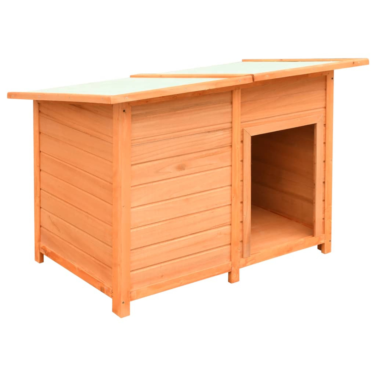 Ein Hundehäuschen aus Holz mit einem abgewinkelten Dach und einem offenen Eingang.
