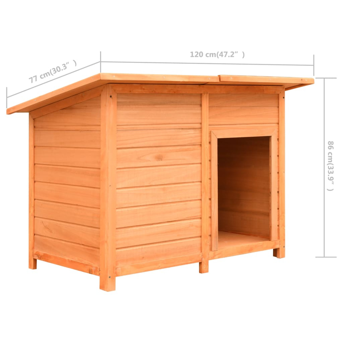 Hundehütte aus Holz mit Maßen. Es hat eine offene Tür.