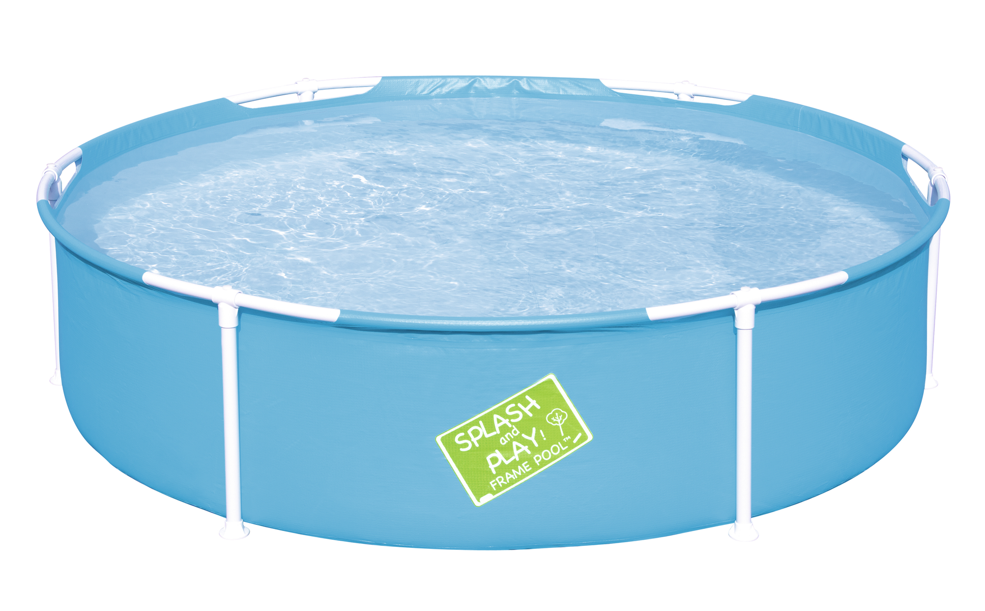 Piscina fuori terra blu con telaio di supporto bianco, riempita d'acqua e un cartello verde.