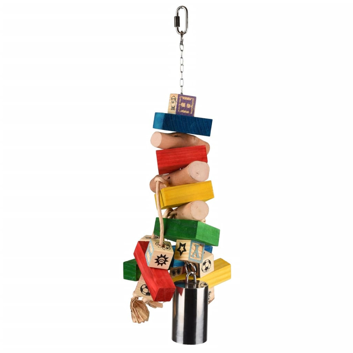 Ein farbenfrohes Vogelspielzeug, das an einer Kette hängt. Es hat Holzblöcke und eine Glocke.
