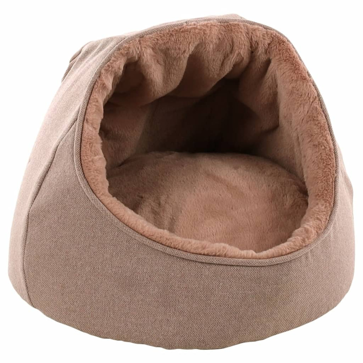 Ein Haustierbett, taupefarbenes Stoffäußeres, plüschiges braunes Inneres. Es hat ein Kapuzendesign.