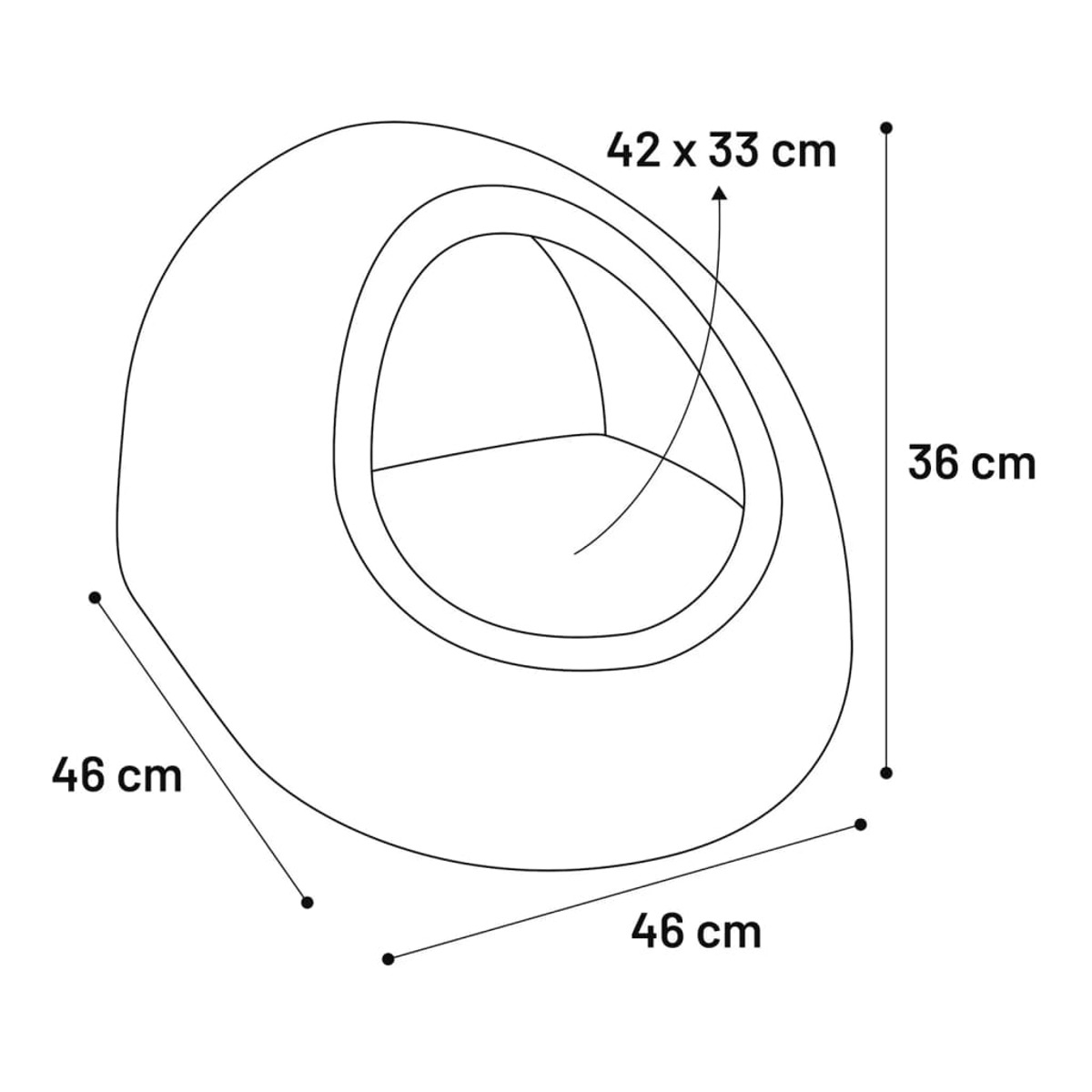 Weißer eiförmiger Stuhl mit Maßangaben. Linien zeigen Maße in Zentimetern.