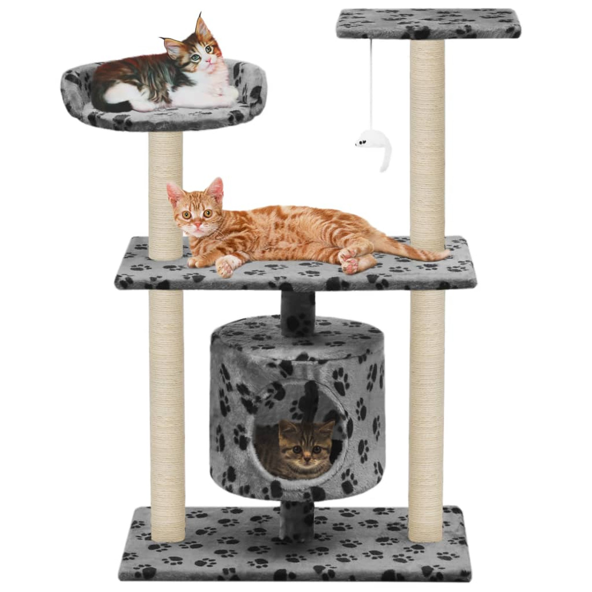 Katzenbaum mit drei Katzen. Mit mehreren Ebenen, Kratzbäumen und einer hängenden Spielzeugmaus.