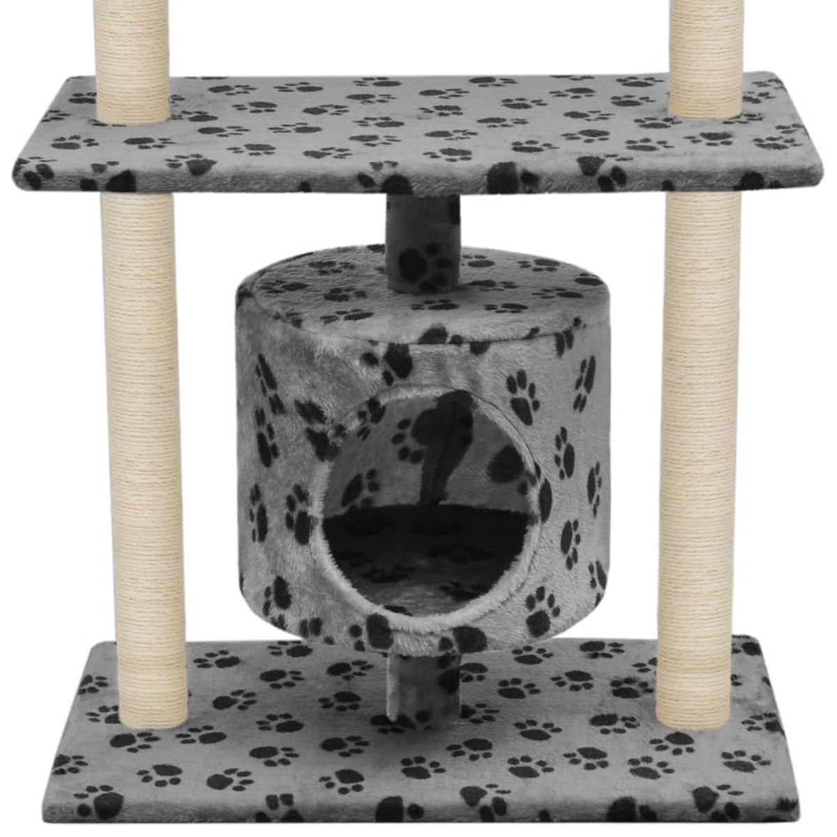 Ein grauer Katzenbaum mit Kratzpfosten, einem Katzenhaus und Pfotenabdruck-Design.