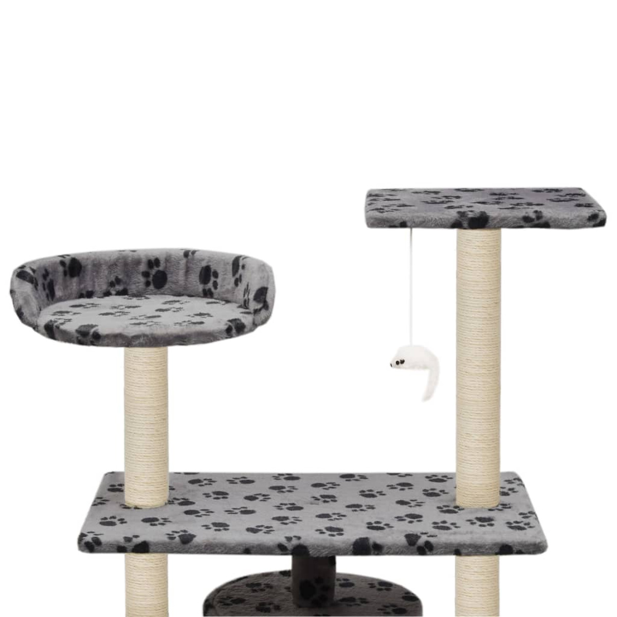 Katzenbaum mit grauen Plattformen mit Pfotenabdrücken, einem hängenden Spielzeug und beigen Pfosten.