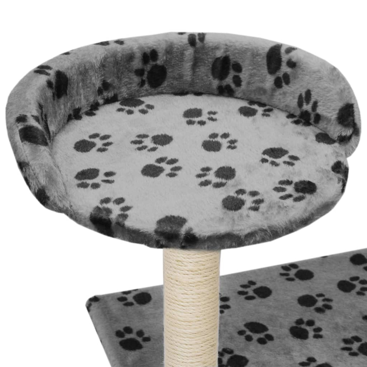 Katzenbaum mit grauen, pfotenmusterbedruckten Plattformen und zentraler Stütze.