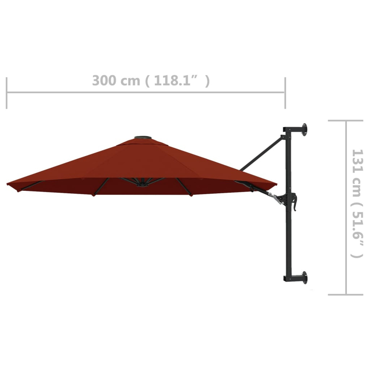 Roter Sonnenschirm für den Außenbereich mit schwarzem Arm und Maßen, weißer Hintergrund.