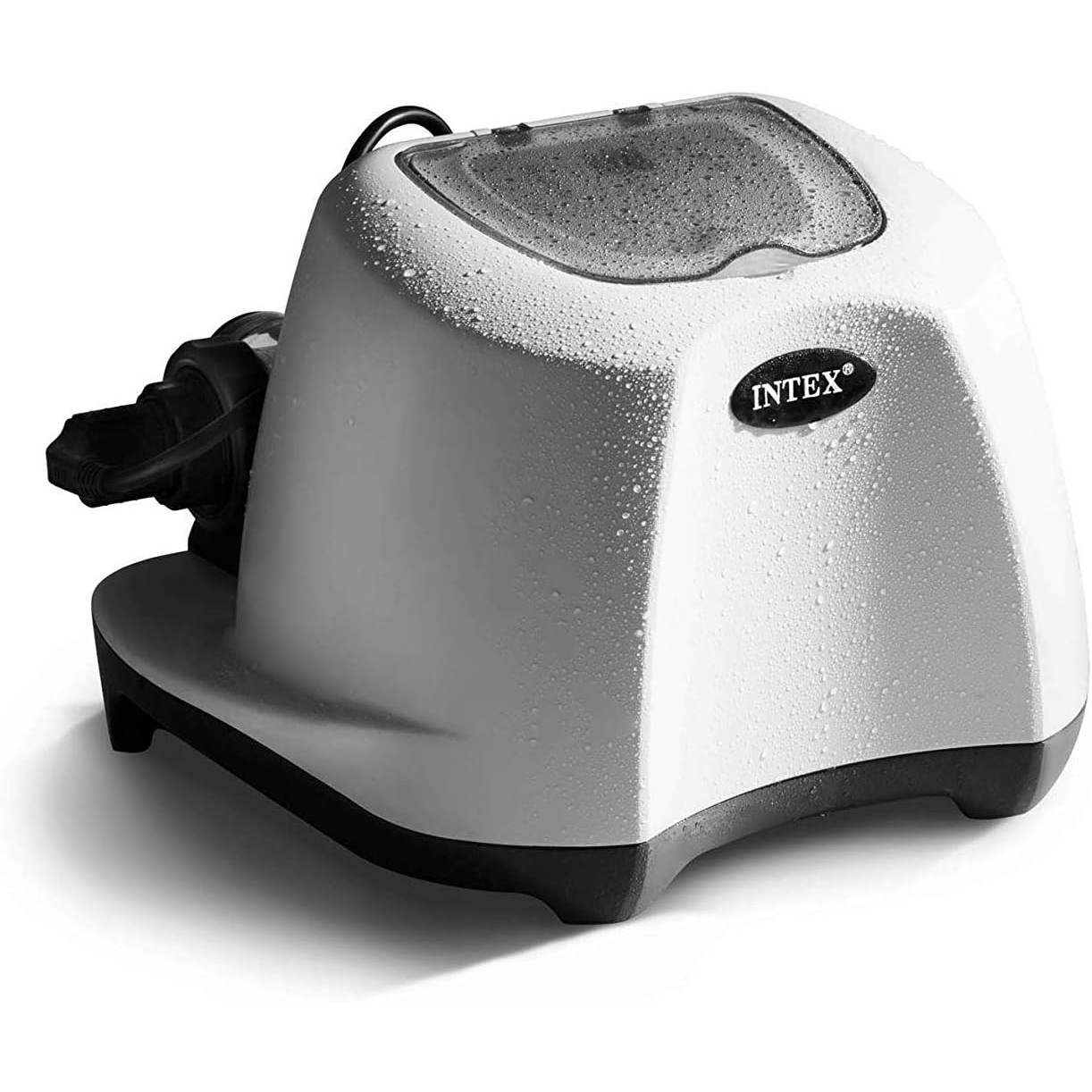 Weiß-schwarzer Intex Wasserreiniger mit Wassertropfen. Zeigt den Markennamen.