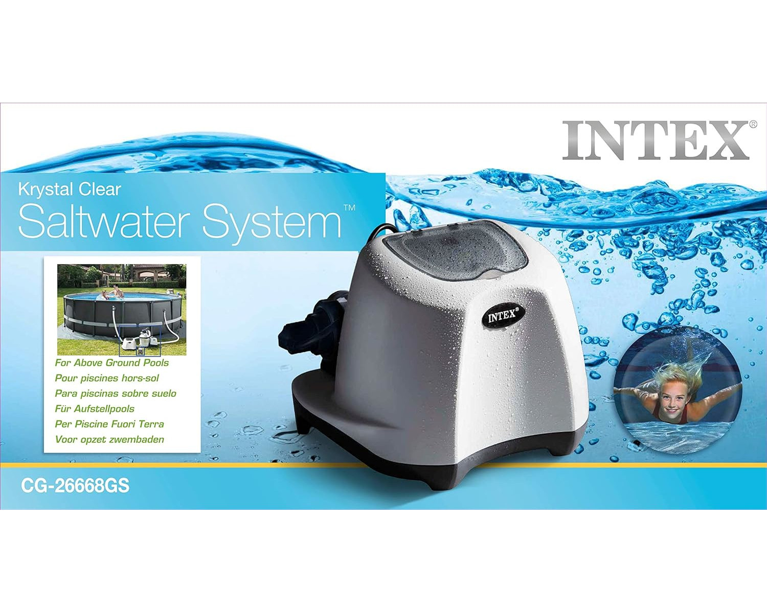 Weiße und graue Intex Krystal Clear Salzwassersystem-Box mit Poolgrafik und Wasserhintergrund.