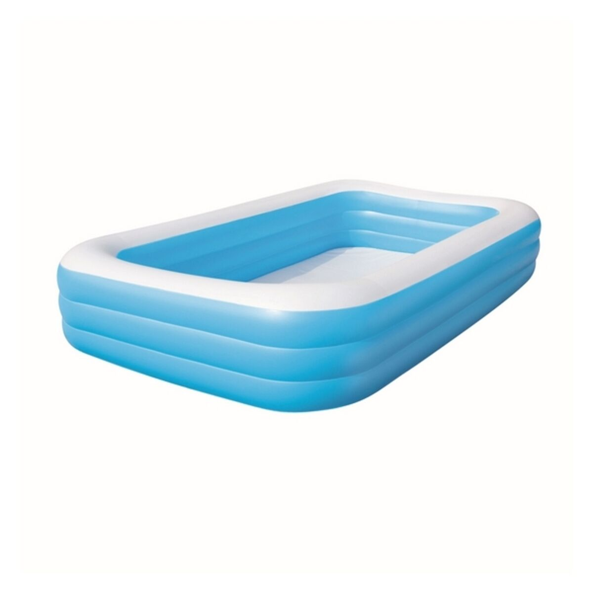 Blauer und weißer rechteckiger aufblasbarer Pool, voll aufgeblasen, auf weißem Hintergrund.