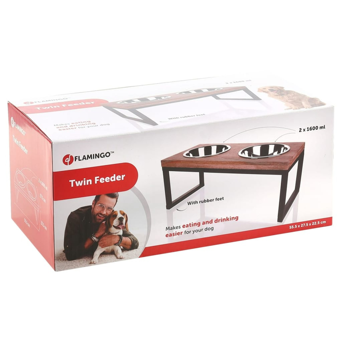Karton mit zwei Hundenäpfen. Auf der Box sind ein Mann und ein Hund abgebildet.