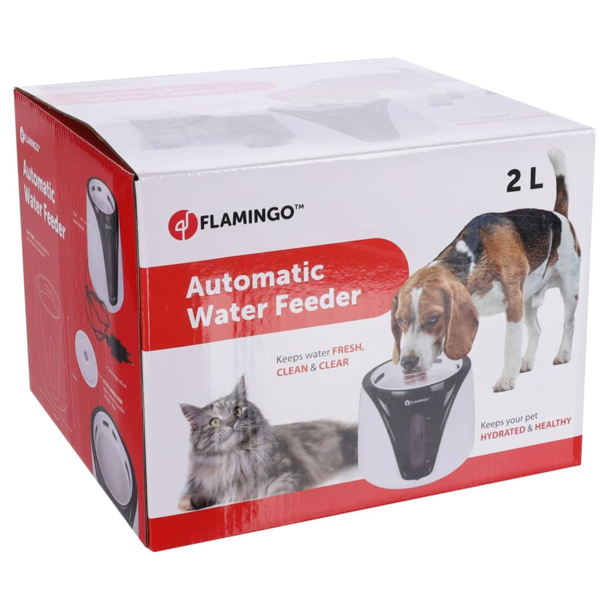 Box eines automatischen Haustier-Wasser-Feeder mit einer Hunde- und Katzenillustration.