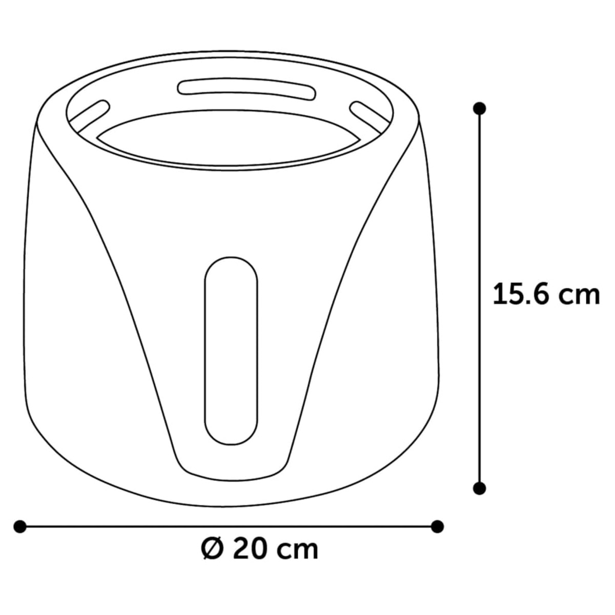 Ein Diagramm, das die Abmessungen eines runden Objekts zeigt.