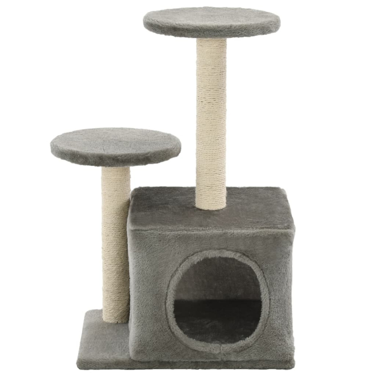 Katzenbaum mit grauen Plattformen, einem Würfel mit Loch und zwei mit beigem Seil umwickelten Pfosten.
