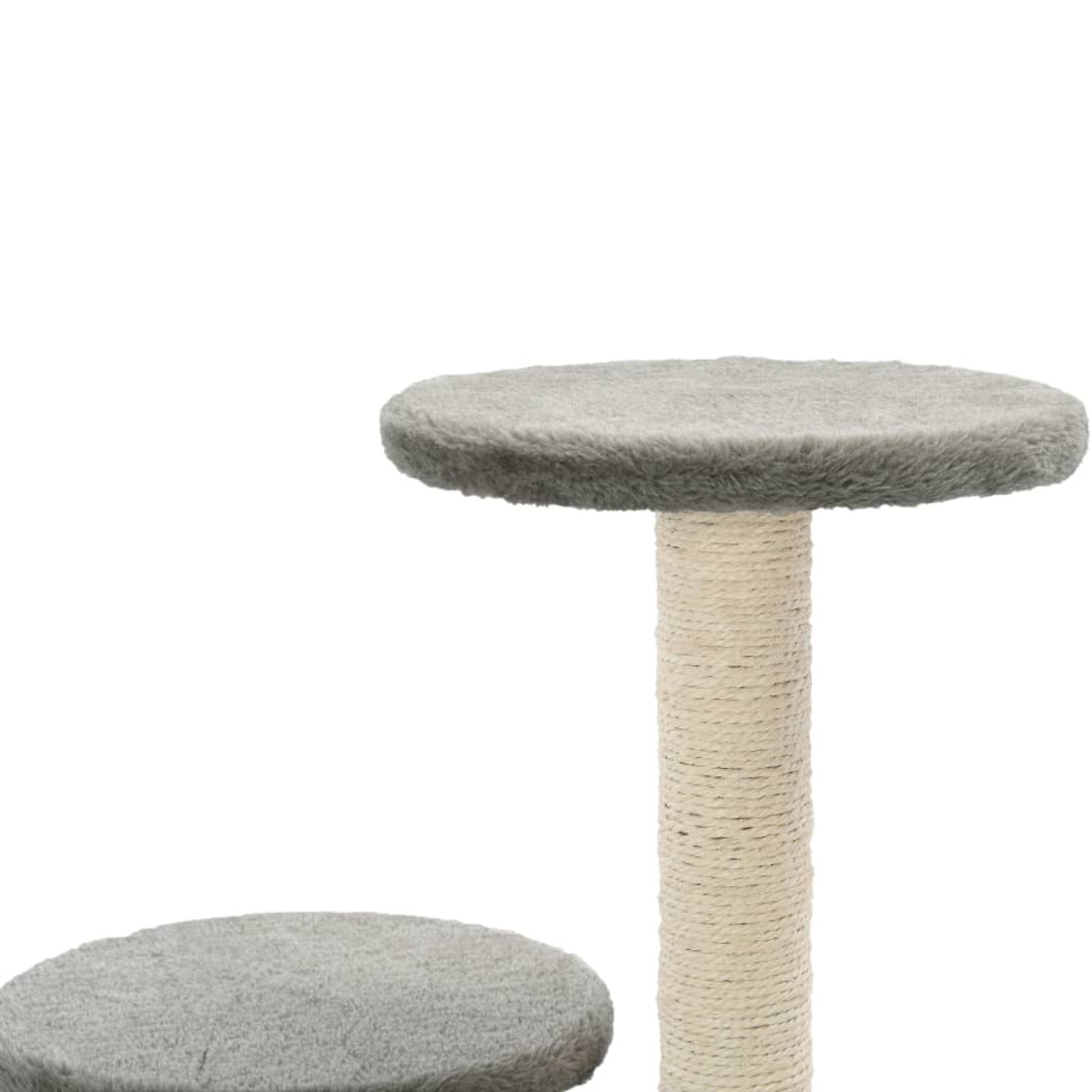 Katzenbaum mit zwei Plattformen. Die Oberflächen sind grau, mit einem beigefarbenen Seilpfosten.