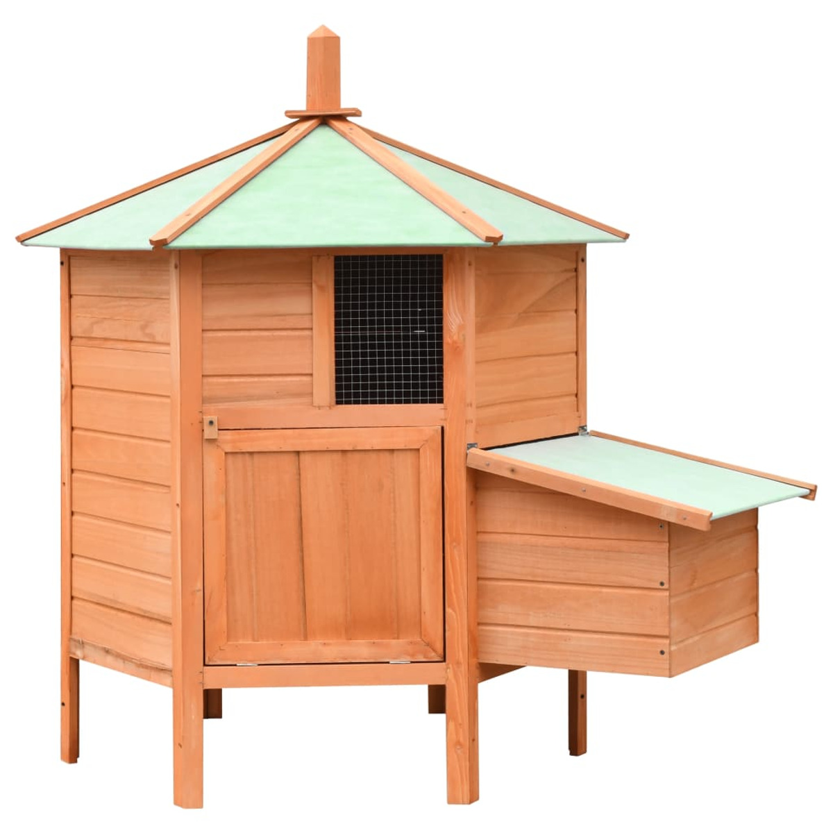 Hühnerstall aus Holz mit grünem Dach, Tür, Fenster und einer zu öffnenden Seite.
