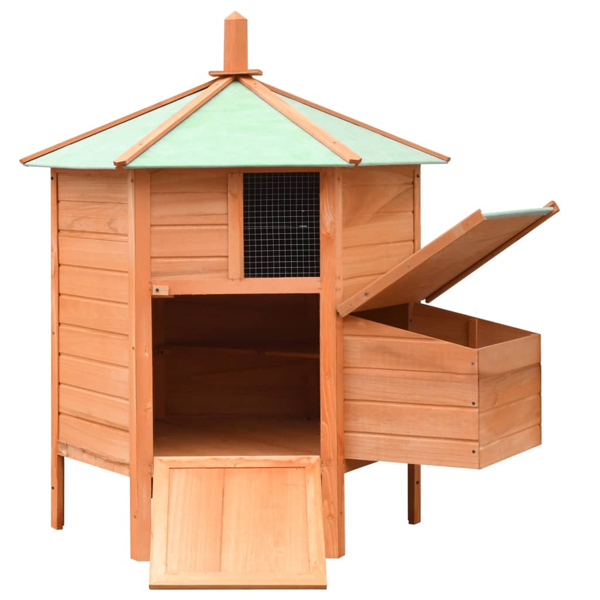 Hühnerstall aus Holz mit offenen Türen, grünes Dach, weißer Hintergrund.