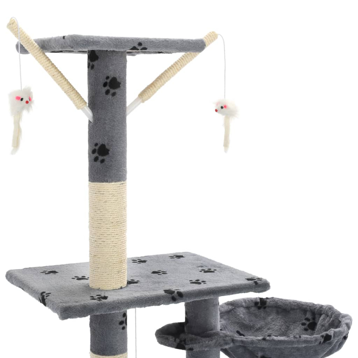 Grauer Katzenbaum mit Pfotenabdrücken, Hängespielzeug und Bett. Weißer Hintergrund.