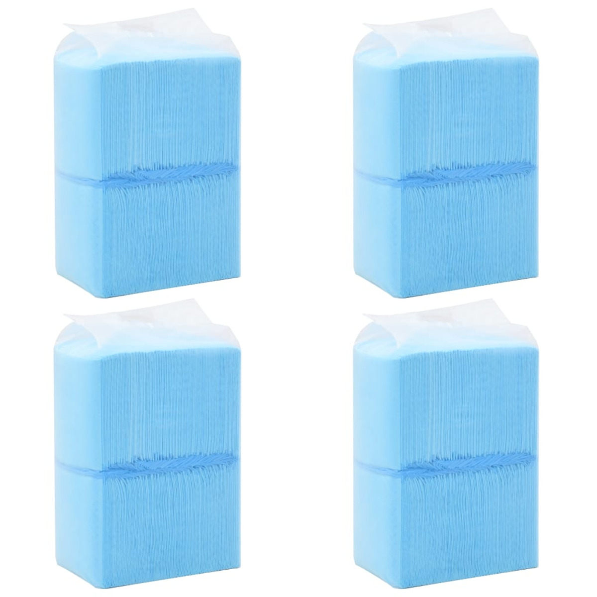 Vier Stapel blaue Einwegtücher in Plastikverpackung.