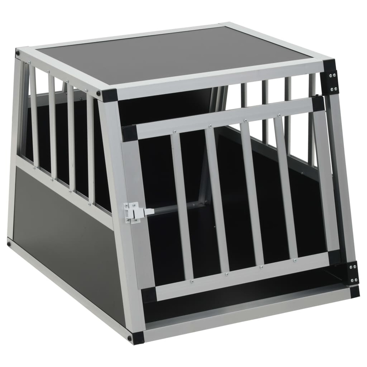 Hundekäfig mit Metallstäben, schwarz und silber. Tür offen.