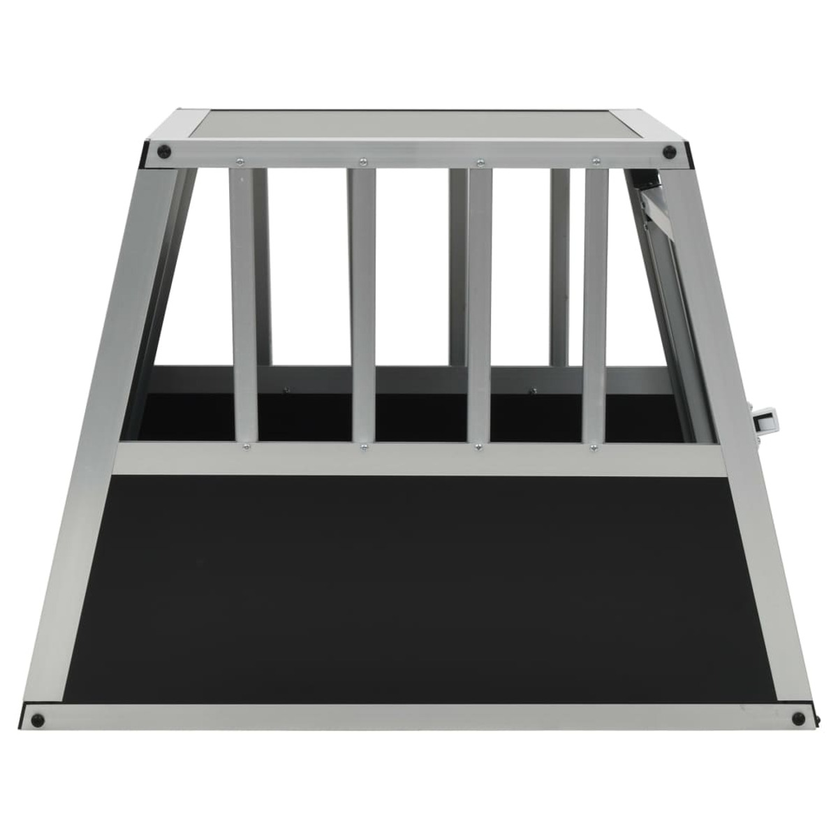 Silber-schwarze Metall-Hundebox mit vertikalen Stäben und schwarzem Boden, von vorne gesehen.
