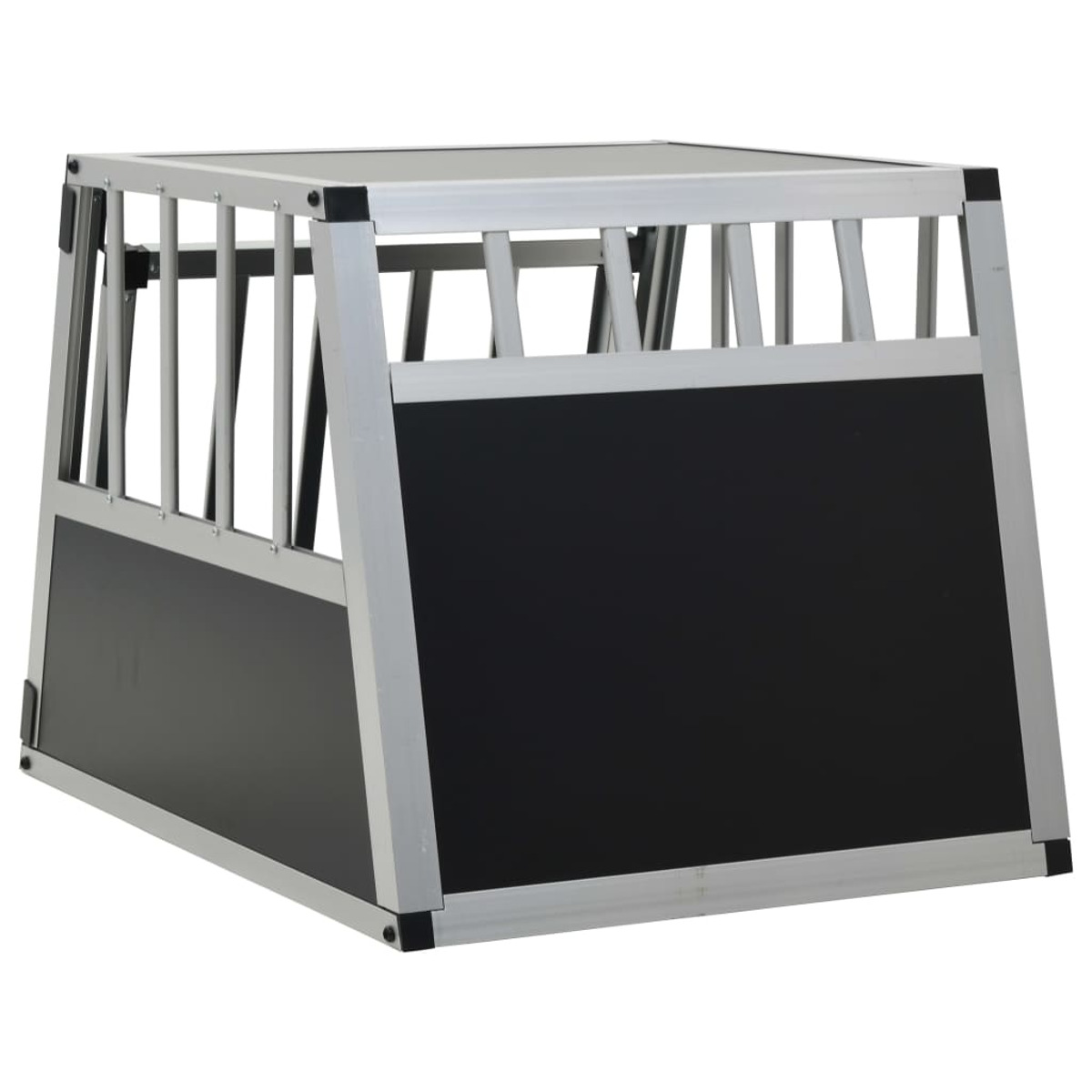 Eine Metall-Hundebox, schwarz und silber, mit schräger Oberseite.