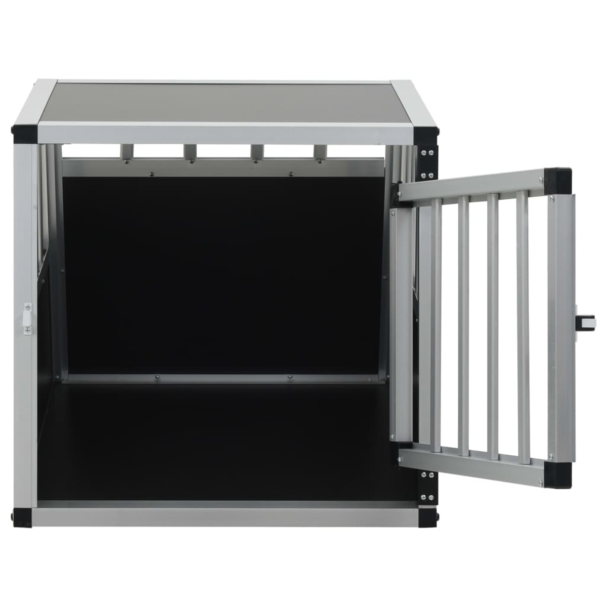 Eine Hundekäfig mit offener Tür, aus Metall und schwarzen Paneelen.