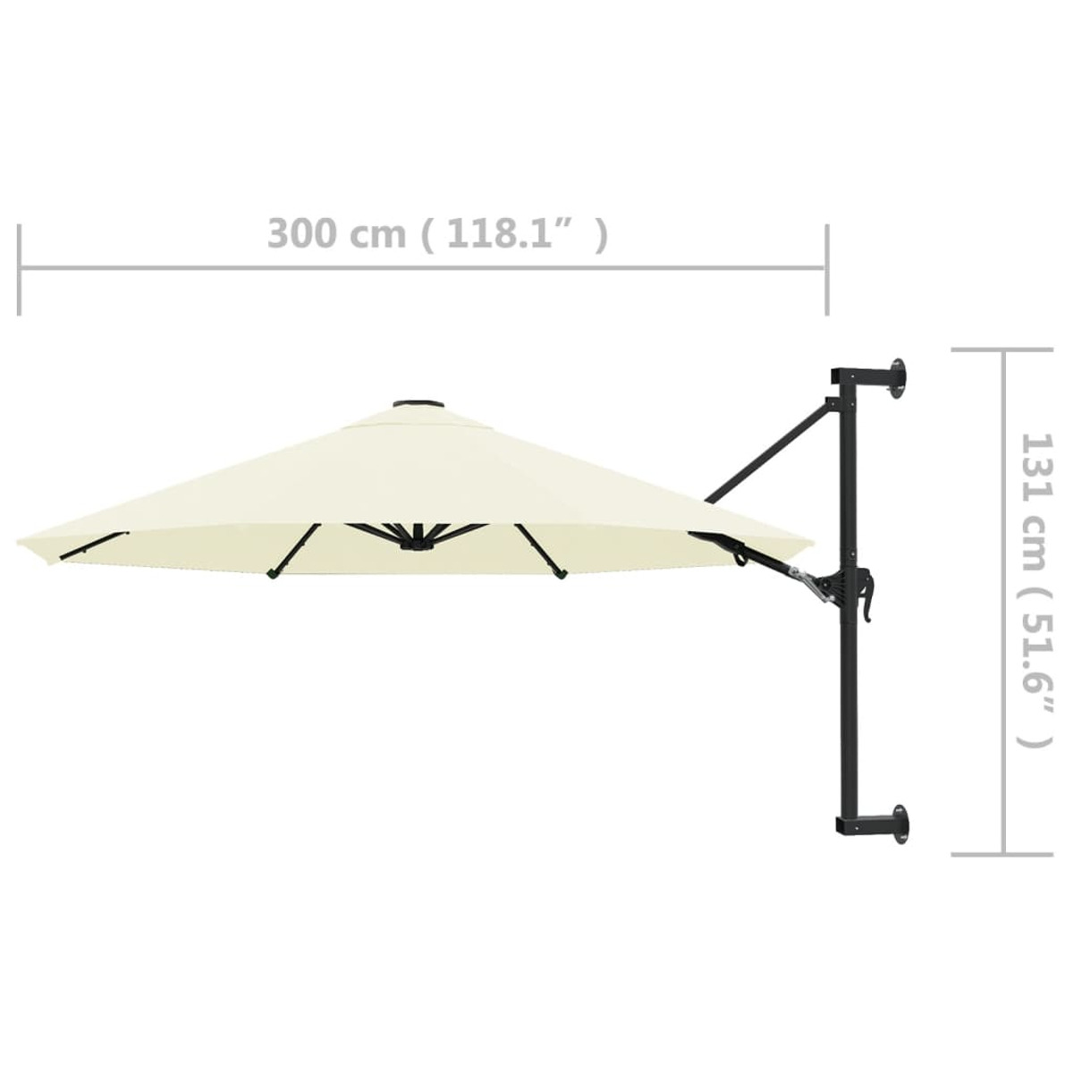 Cremefarbener Sonnenschirm für draußen mit schwarzem Rahmen. Maße: 300 cm x 131 cm.