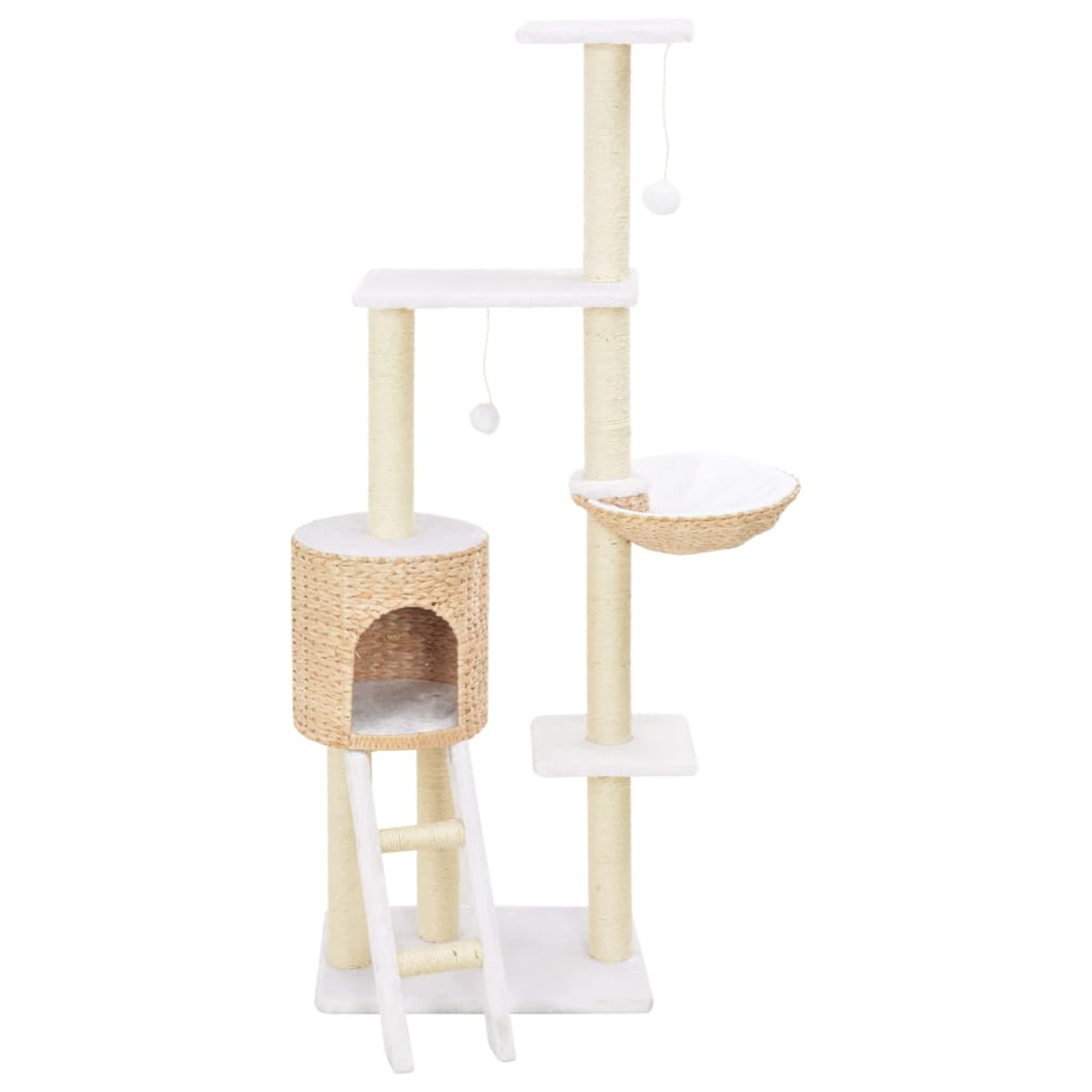 Katzenbaum mit mehreren Ebenen, Kratzbäumen und einem Bett.