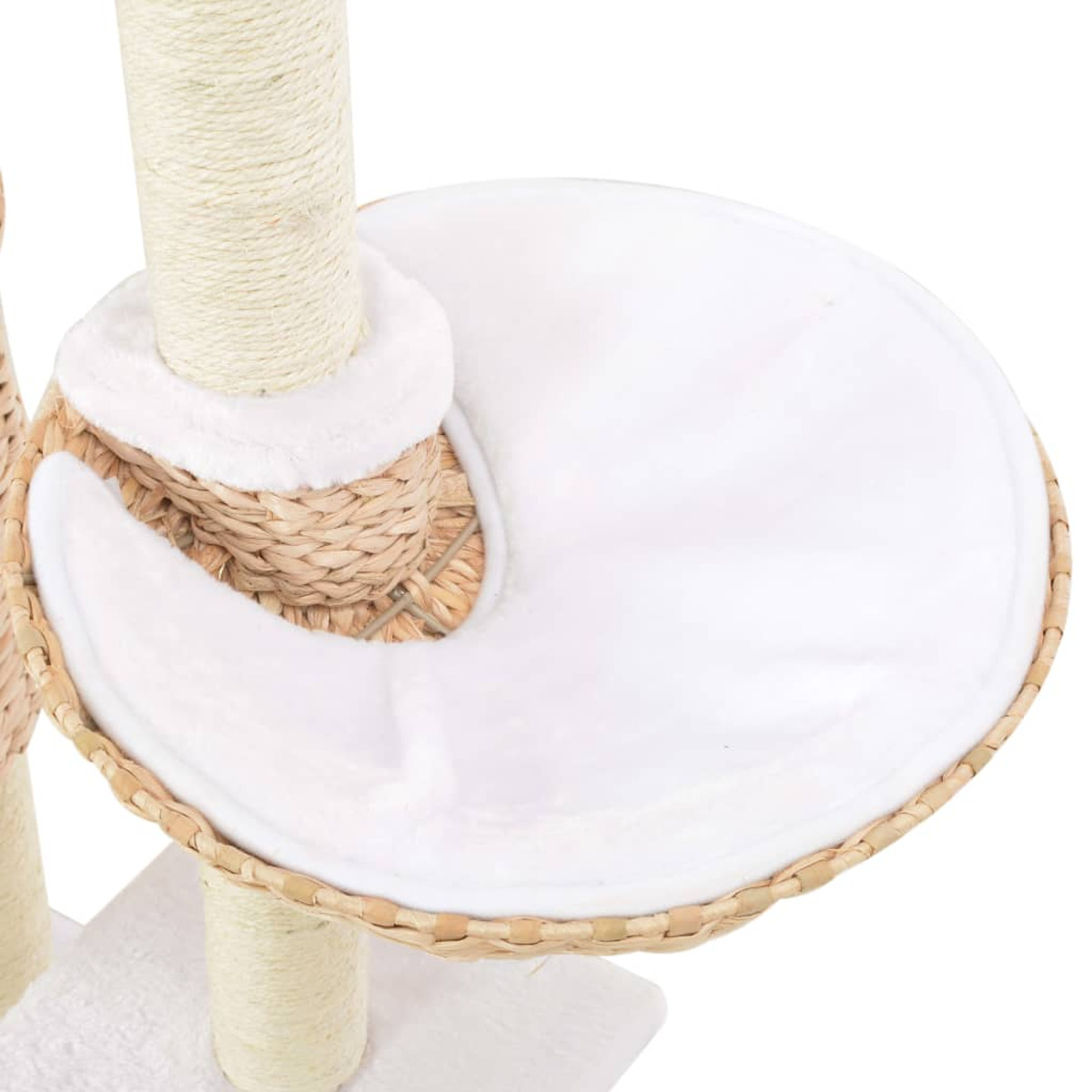 Katzenbaum mit rundem, gewebtem Bett. Beige Seilpfosten und weißes Innenbett.