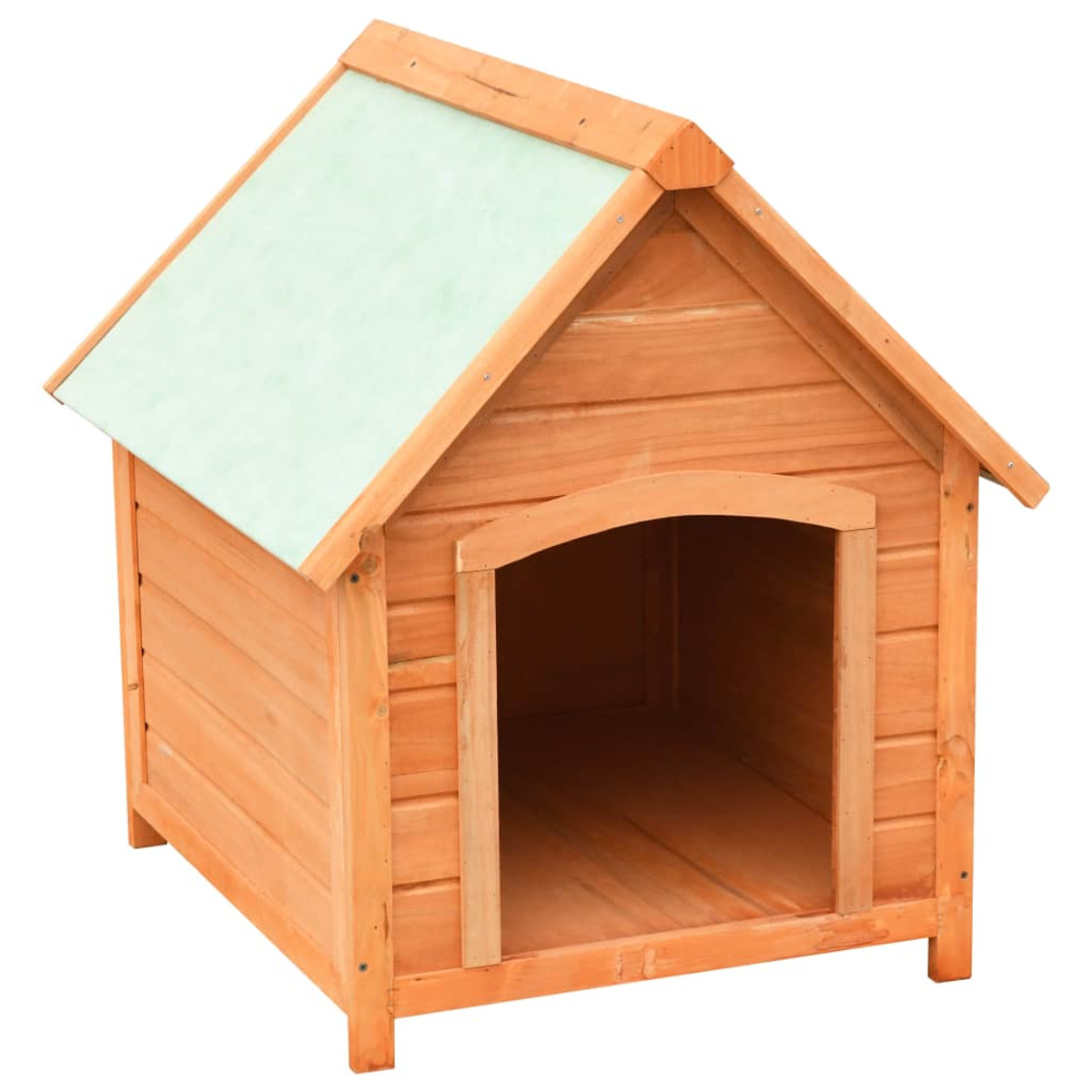Ein hölzernes Hundehütte mit offener Tür und grünem Dach.