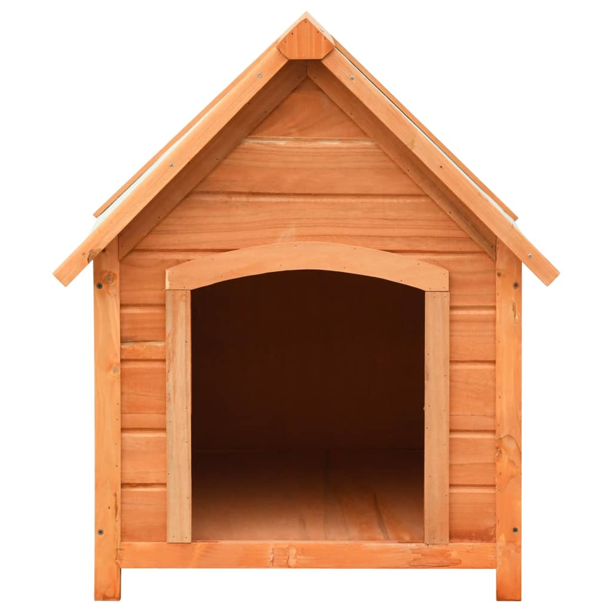 Hundehaus aus Holz mit schrägem Dach und Türöffnung. Braun. Isoliert auf weißem Hintergrund.