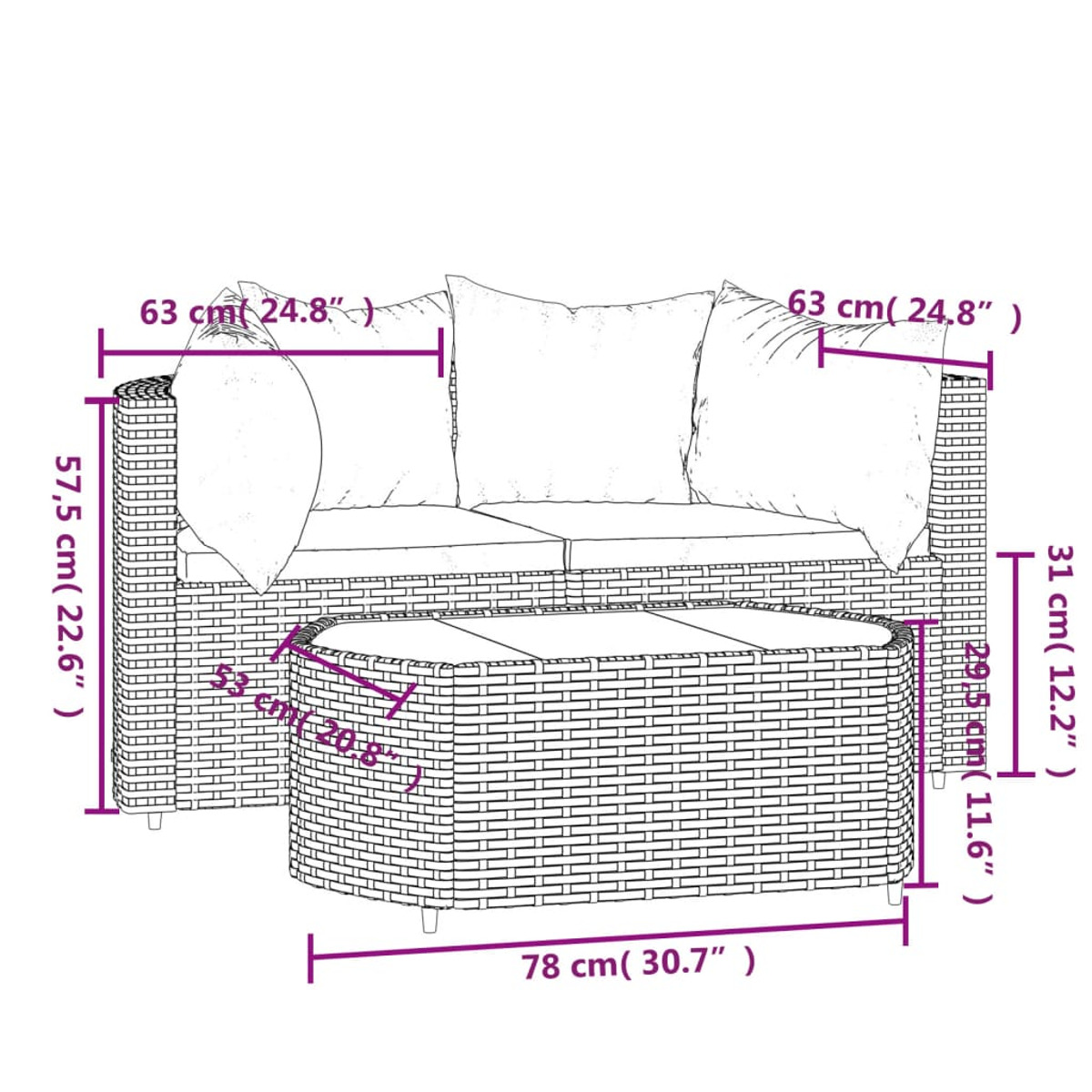 Rattan-Sofagarnitur mit Maßen. Enthält ein Sofa und einen Couchtisch. Weiße Kissen.