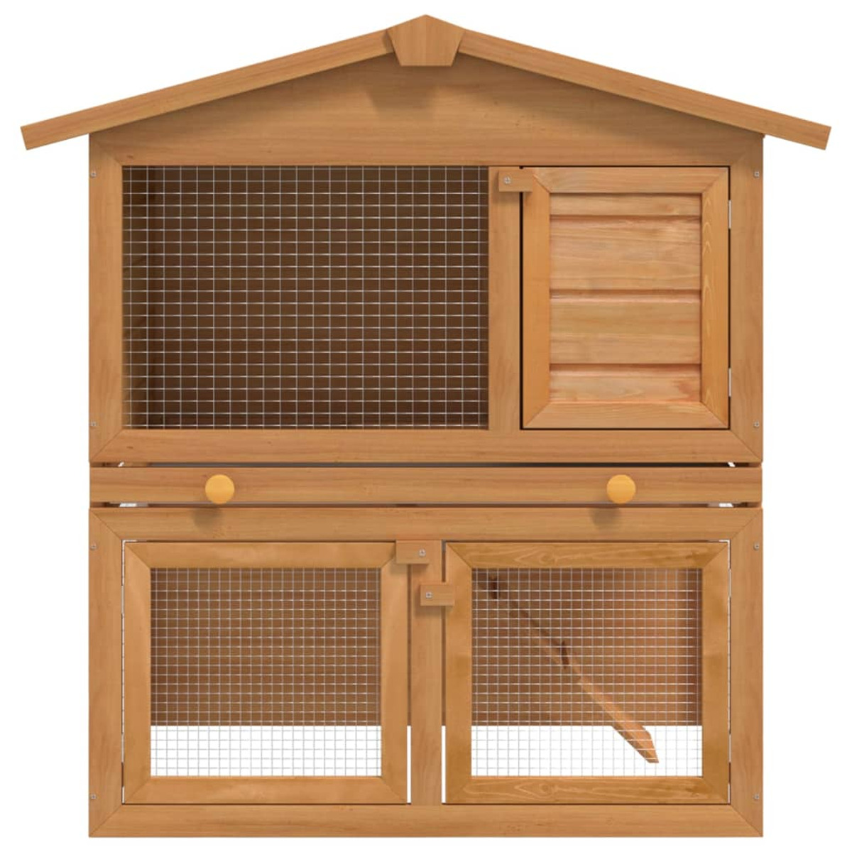Kaninchenstall aus Holz mit Türen und Dach aus Drahtgeflecht. Es hat zwei Ebenen und eine kleine Tür.