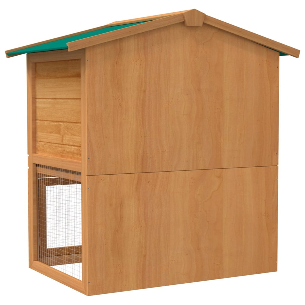 Kaninchenstall aus Holz mit zwei Ebenen, Holz und Drahtgeflecht. Grünes Dach.