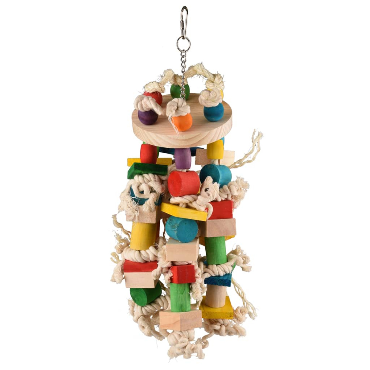 Ein farbenfrohes Vogelspielzeug aus Holz und Seil. Mit verschiedenen Formen und hellen Farben.