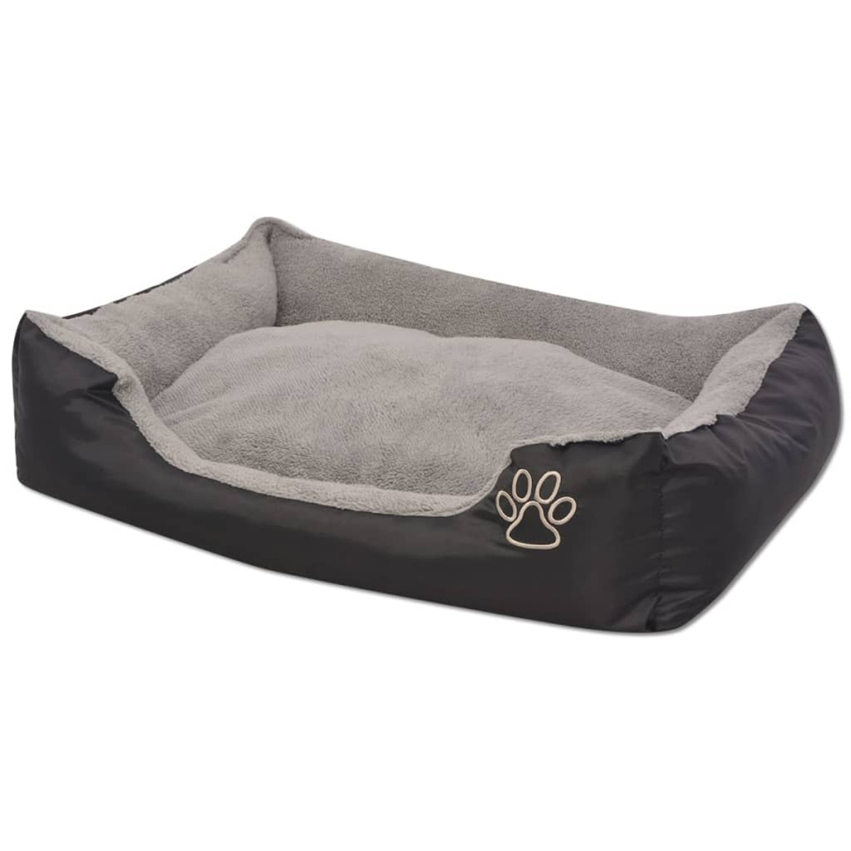 Ein schwarz-graues Hundebett mit Pfotenabdruck. Das Bett hat erhöhte Seiten und ein weiches Innere.