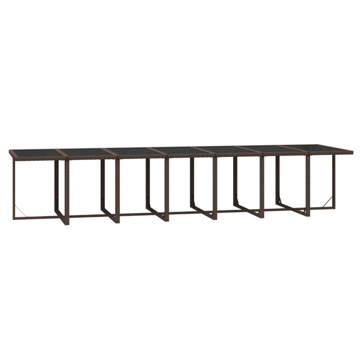 Langer, rechteckiger, dunkelbrauner Gartentisch, der aus mehreren kleineren Tischen besteht.