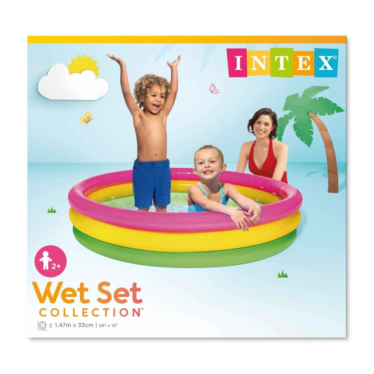 Ein bunter aufblasbarer Pool mit einer Familie, mit Sonne und Palmen-Illustrationen.