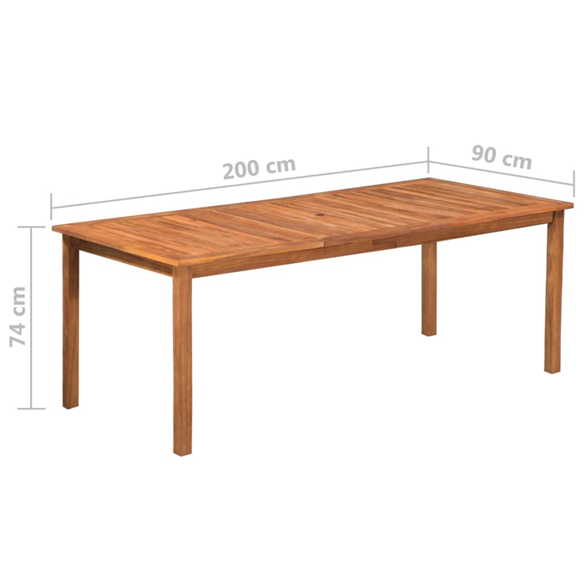 Holztisch mit Abmessungen. Er ist rechteckig und braun, mit vier Beinen. Die Abmessungen werden gezeigt.