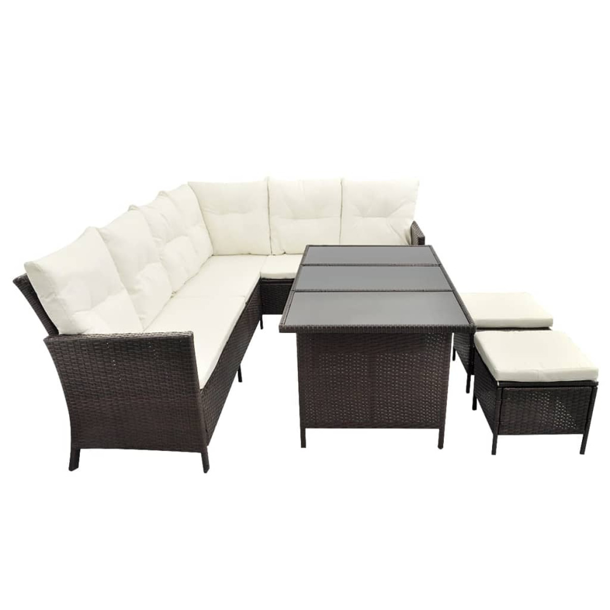 Outdoor-Möbelset mit einem braunen Korbsessel, einem Tisch und zwei Ottomanen.