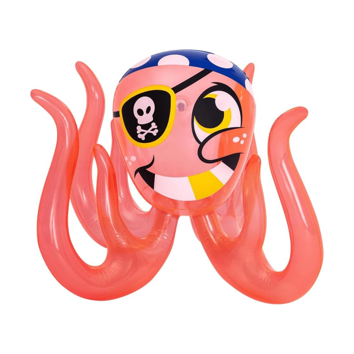 Polpo giocattolo gonfiabile con un design da pirata, tentacoli rossi e un viso giocoso. Isolato su bianco.