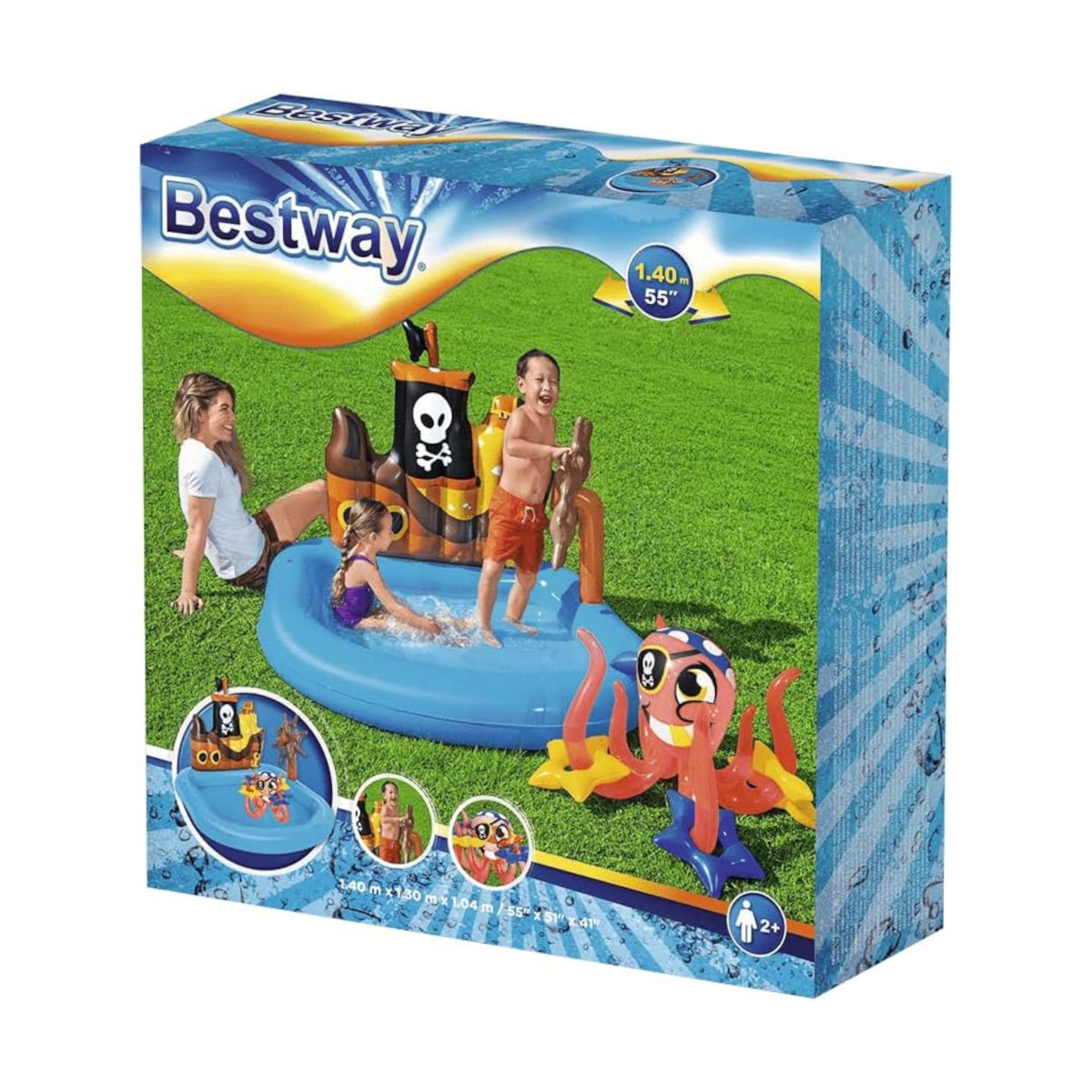 Scatola con piscina a nave pirata. Bambini che giocano. Giocattolo gonfiabile polpo.