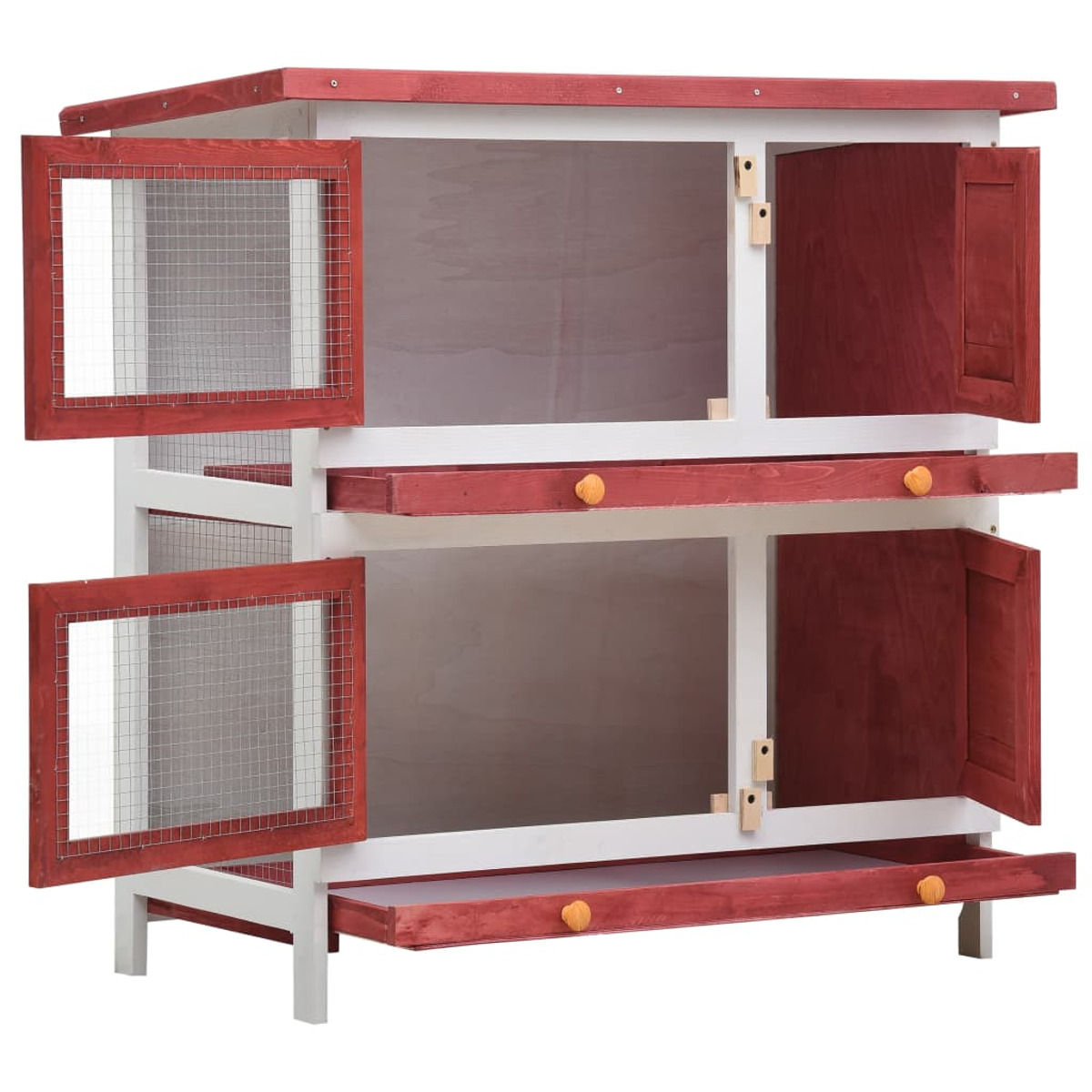 Kaninchenstall aus Holz mit roten Türen und Schubladen, Drahtgitterfenstern und weißem Rahmen.