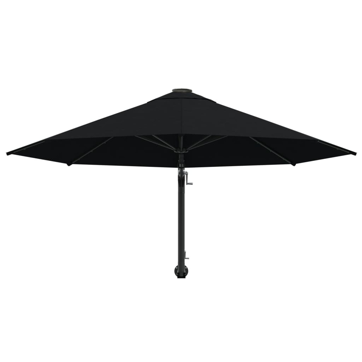 Ein schwarzer Regenschirm, von oben, mit einem schwarzen Pfosten.
