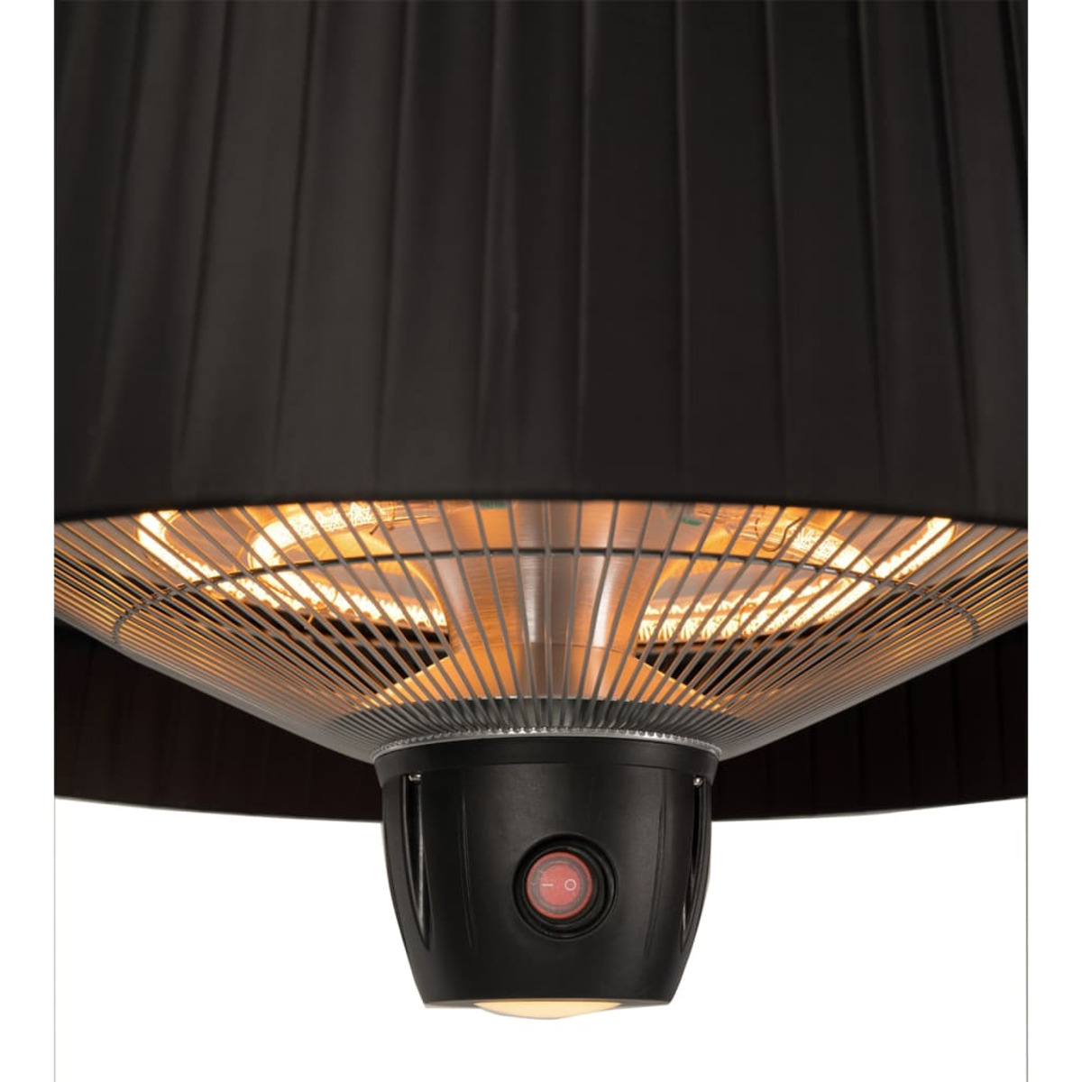 Zwarte terrasverwarmer met rode aan/uit-knop, close-up, geïsoleerd.