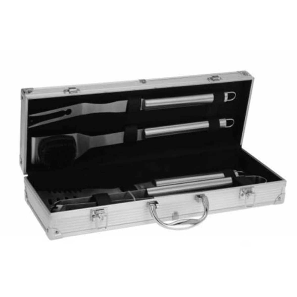 Silbernes Grillset in einem Koffer. Enthält Werkzeuge wie Spatel und Zange.