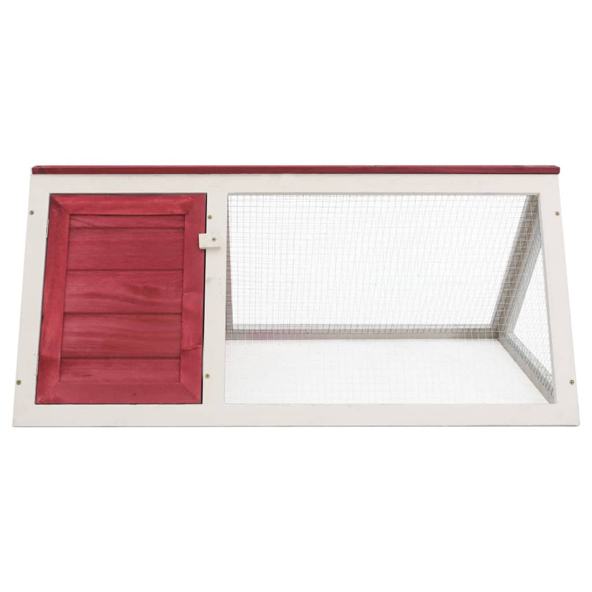 Hundehütte aus Holz. Rote Tür, Drahtgitter, weißer Rahmen. Schräge Ansicht.