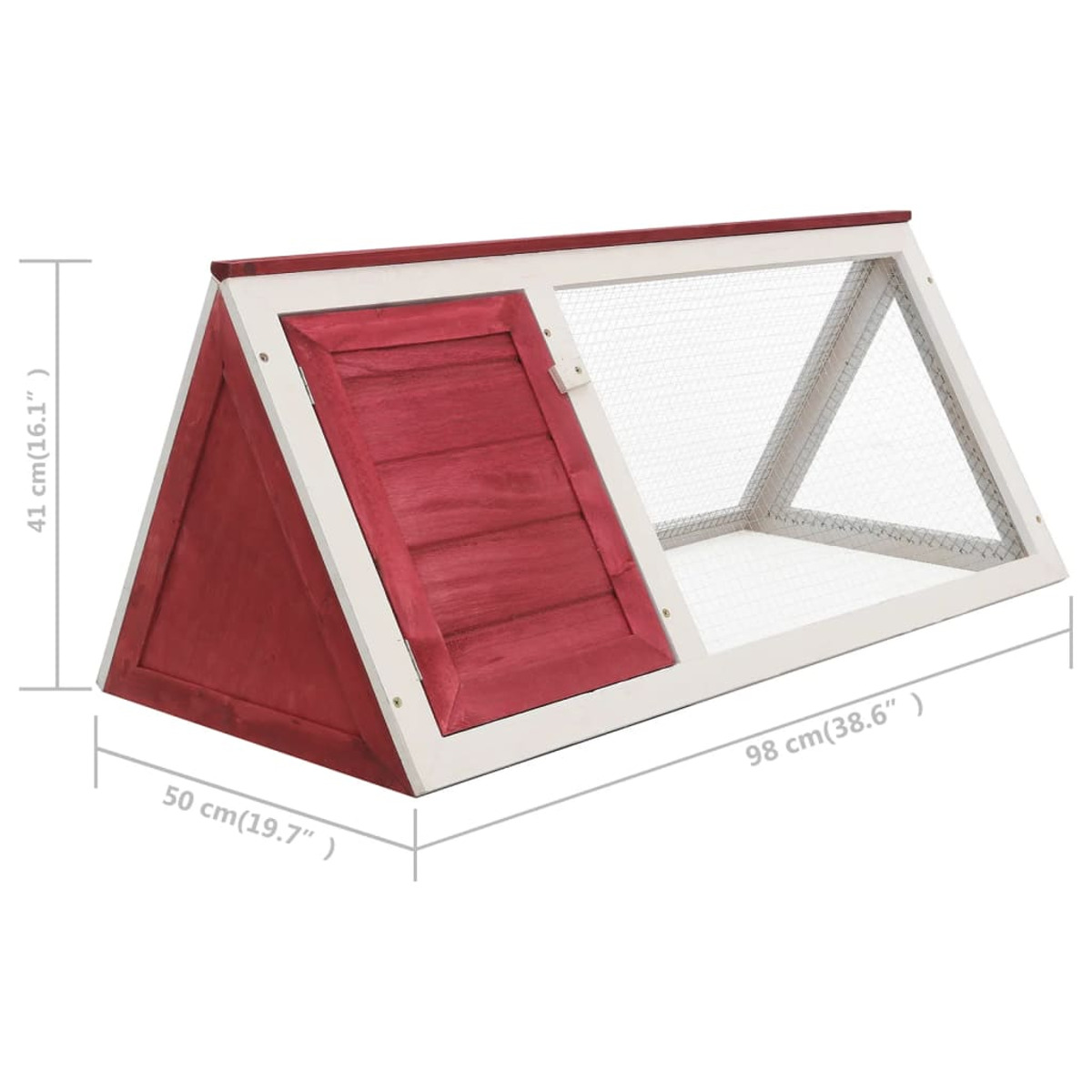 Rotes und weißes Haustierhaus aus Holz mit Gitterfenster. 98 cm breit, 41 cm hoch.